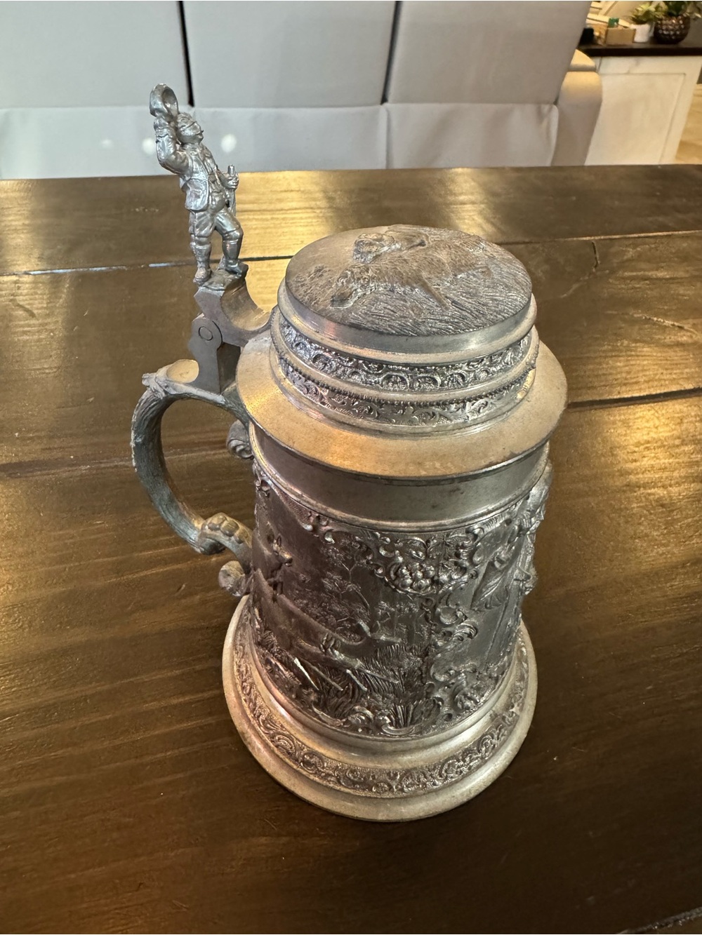Ornate Pewter Beer Stein - Silver Decorative Tankard